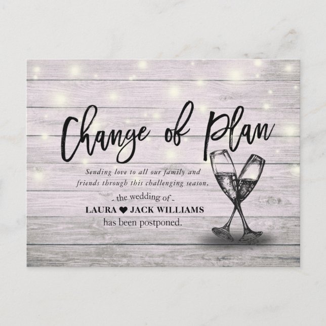 Change Of Plan Wedding Postponed Champagne Glasses Announcement Postcard (Front)