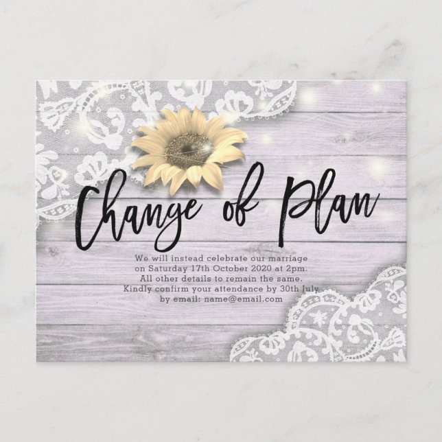 Change Of Plan Wedding Postponement Lace Sunflower Announcement Postcard (Front)