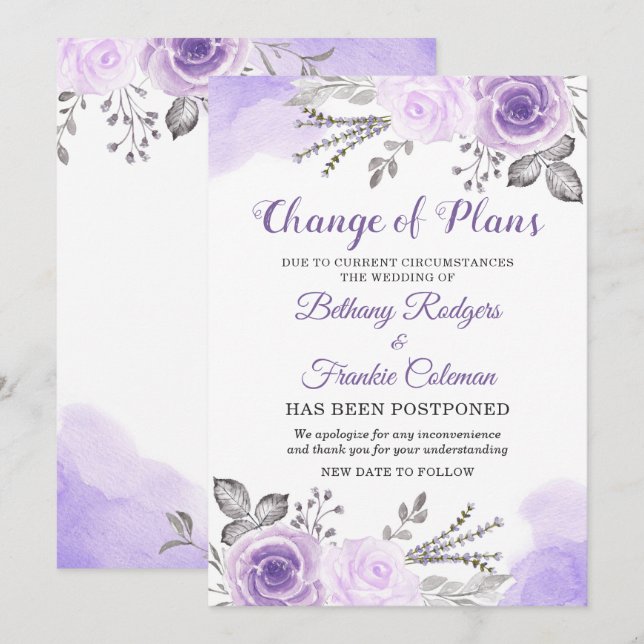 Change of Plans Announcement Chic Purple Floral (Front/Back)