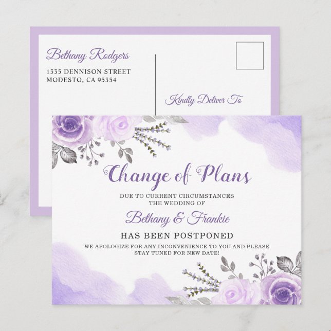 Change of Plans Announcement Chic Purple Floral Postcard (Front/Back)