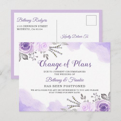 Change of Plans Announcement Chic Purple Floral Postcard