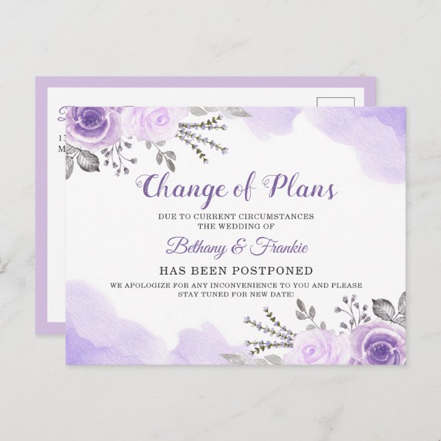 Change of Plans Announcement Chic Purple Floral Postcard (Front/Back)