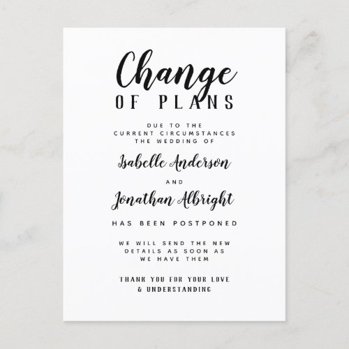 Change Of Plans Black  White Postponed Wedding Invitation Postcard