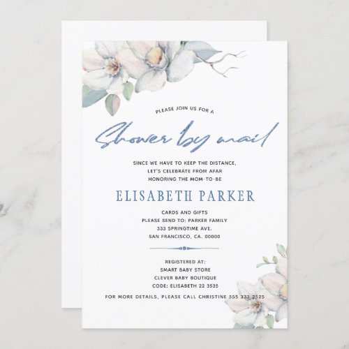 Change of plans blue floral baby shower by mail invitation