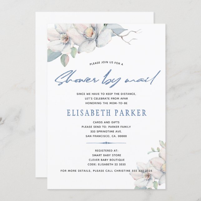 Change of plans blue floral baby shower by mail invitation (Front/Back)