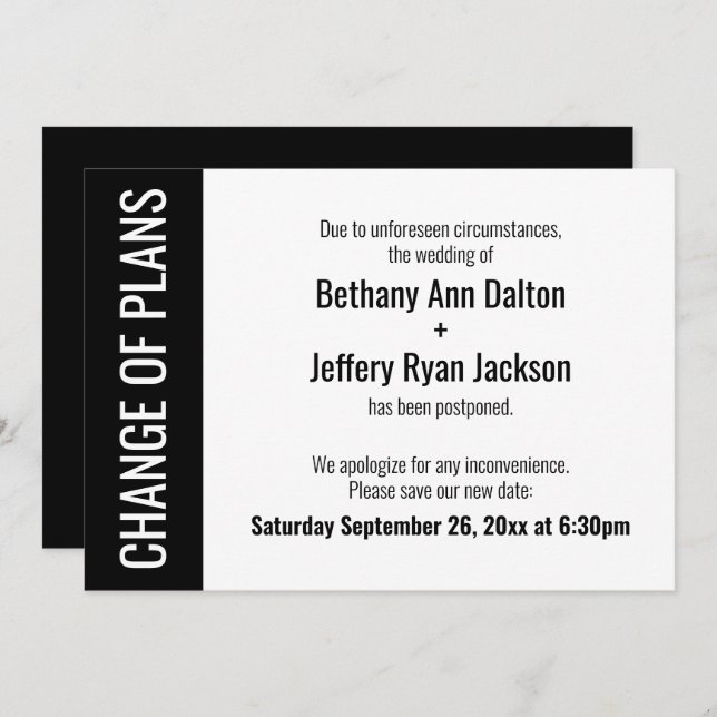 Change of Plans Bold Postponed Wedding Card (Front/Back)