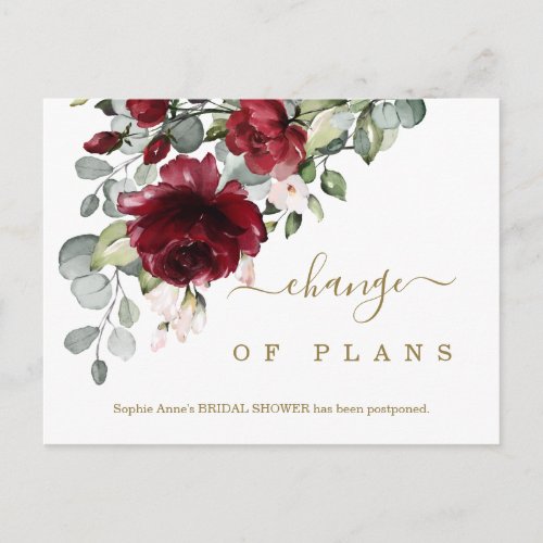 Change of Plans Burgundy Flowers Bridal Shower Postcard