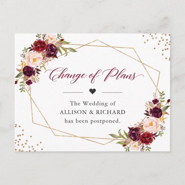 Change of Plans Date Burgundy Red Floral Geometric Postcard (Front)