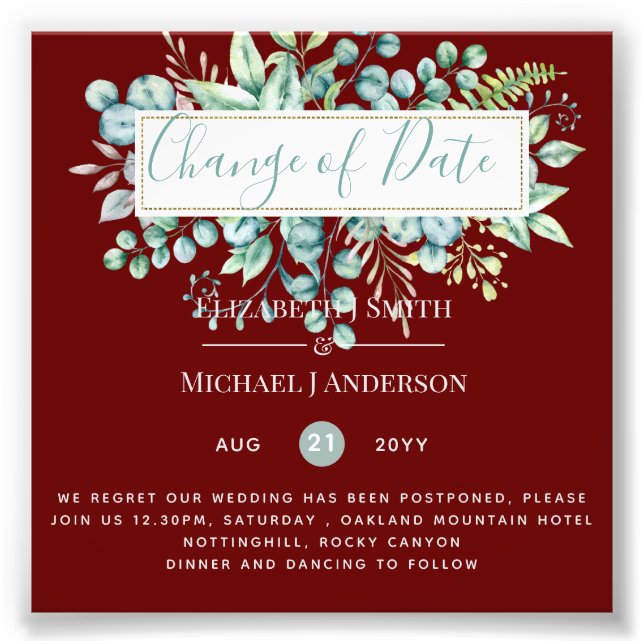 Change of Plans Date Greenery Eucalyptus Event Photo Print (Front)