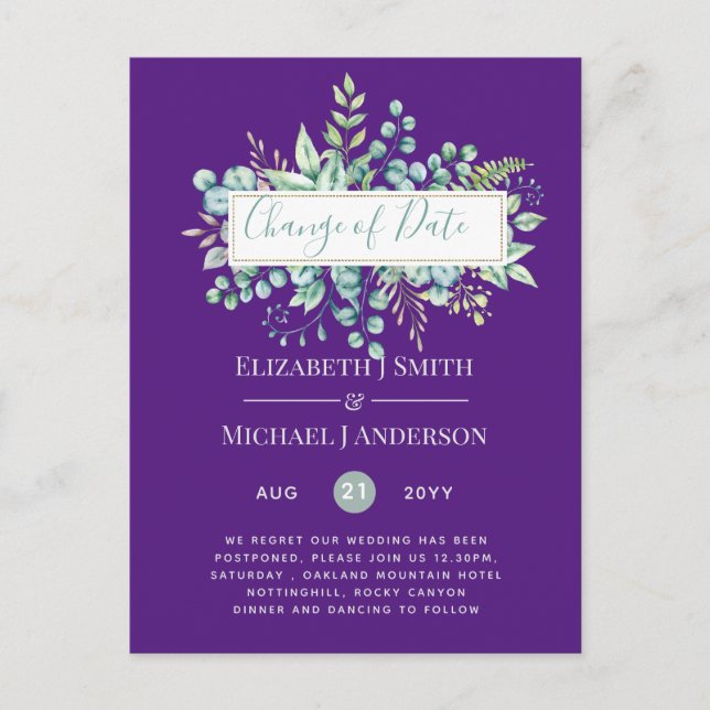 Change of Plans Date Greenery Eucalyptus Event Postcard (Front)