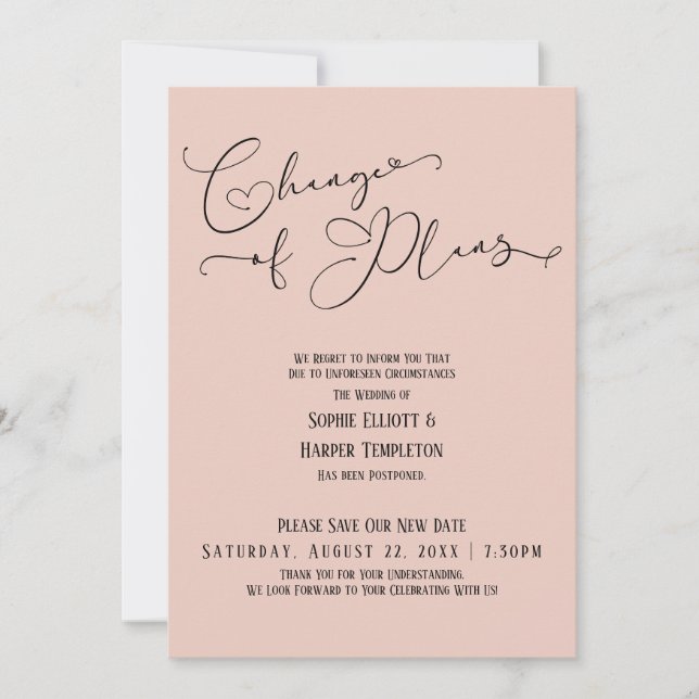Change of Plans, Elegant Blush New Wedding Date Invitation (Front)