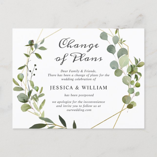 Change of Plans Elegant Eucalyptus Wedding Postcard (Front)