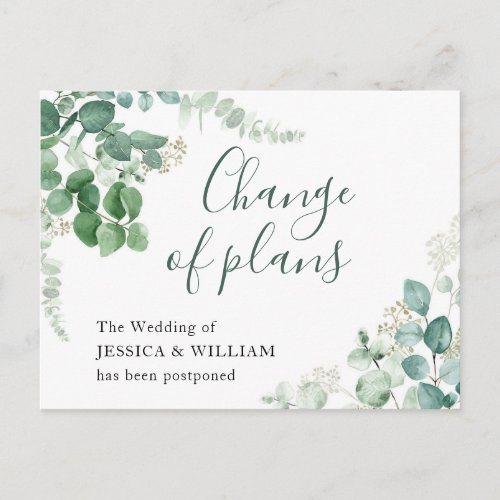 Change of Plans Elegant Eucalyptus Wedding Postcard