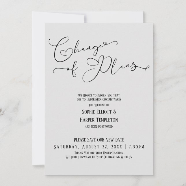 Change of Plans, Elegant Gray New Wedding Date Invitation (Front)