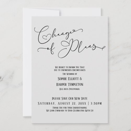 Change of Plans Elegant Gray New Wedding Date Invitation