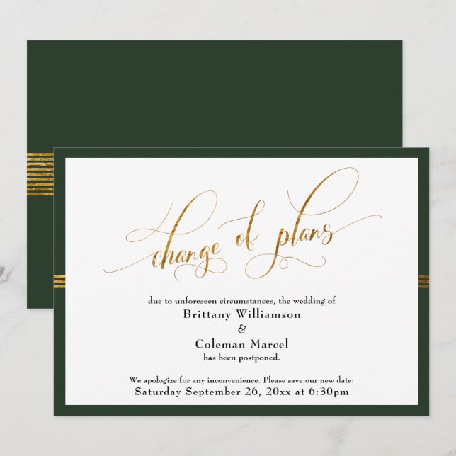 Change of Plans Elegant Green w/ Gold Stripe Card (Front/Back)