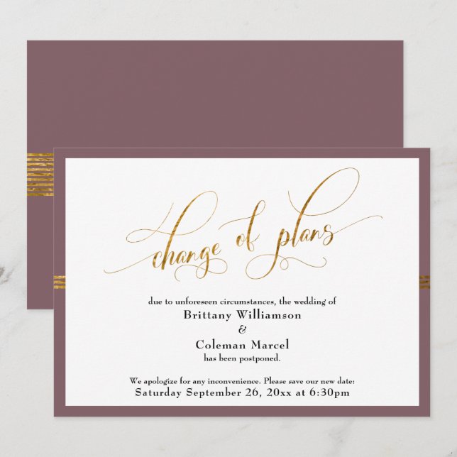 Change of Plans Elegant Mauve w/ Gold Stripe Card (Front/Back)