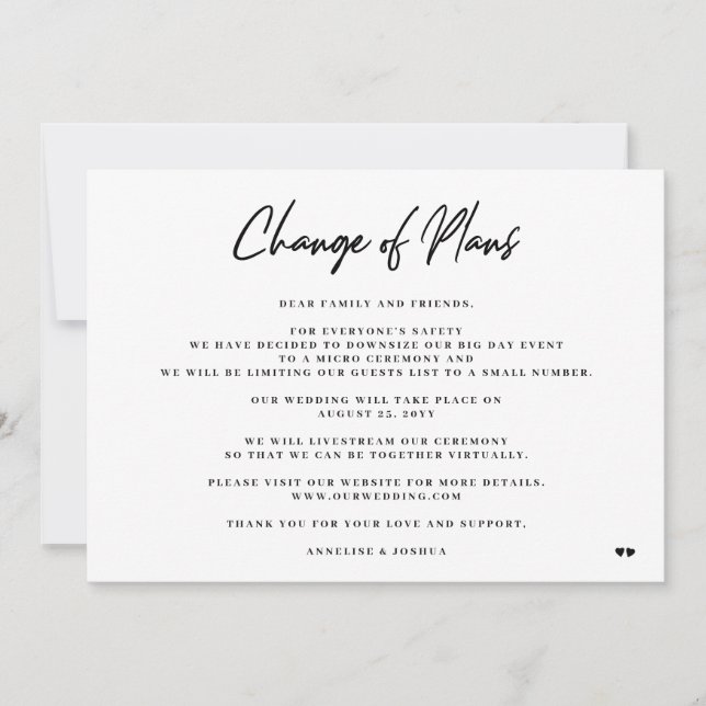 Change of plans elegant minimal downsizing wedding announcement (Front)