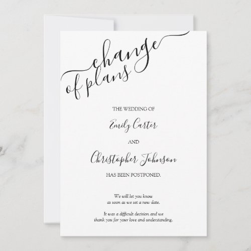 Change of Plans Elegant Script Black White Card