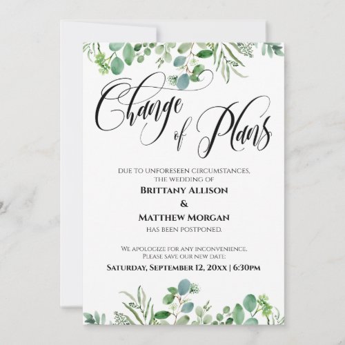 Change of Plans Eucalyptus Postponed Wedding Card