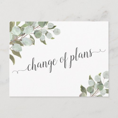Change of Plans Eucalyptus Wedding Cancelled Announcement Postcard