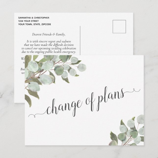 Change of Plans Eucalyptus Wedding Cancelled Announcement Postcard (Front/Back)