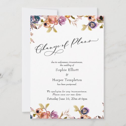 Change of Plans Floral Delayed Wedding Update Card