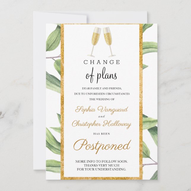 Change of Plans Gold Botanical Wedding Postponed Invitation (Front)