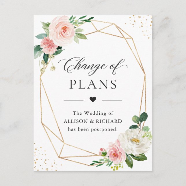 Change of Plans Gold Geometric Blush Pink Floral Postcard (Front)