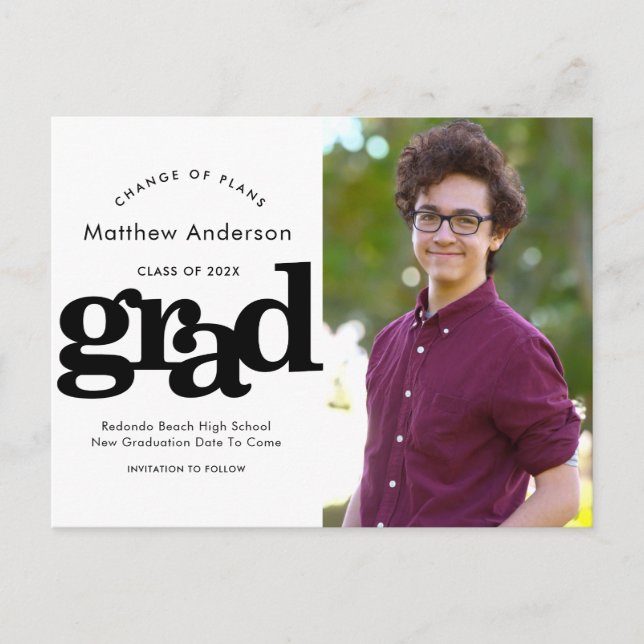 Change of plans graduation black bold typography invitation postcard (Front)
