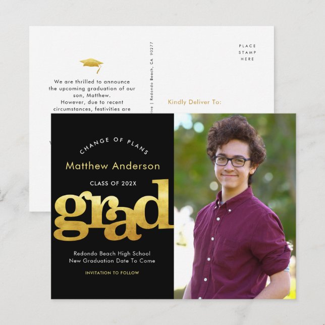 Change of plans graduation black gold typography invitation postcard (Front/Back)