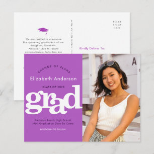Change of plans graduation bold typography purple invitation postcard