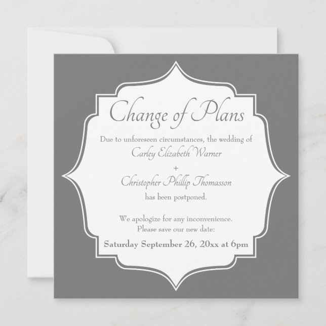 Change of Plans Gray Postponed Wedding Card (Front)