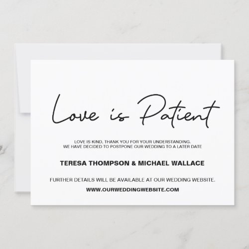 Change of Plans Love is Patient Wedding Postponed Invitation