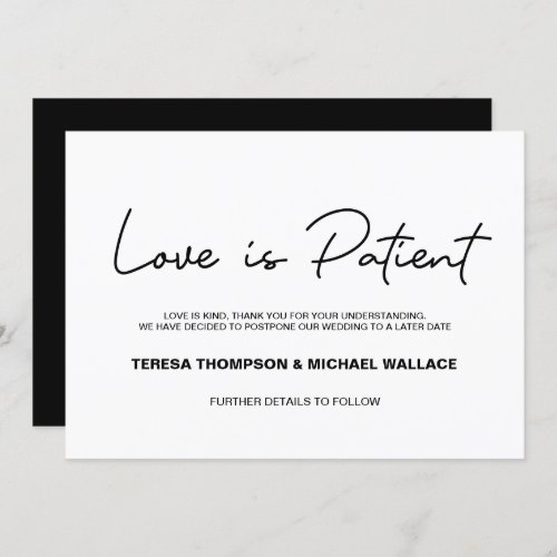 Change of Plans Love is Patient Wedding Postponed Invitation