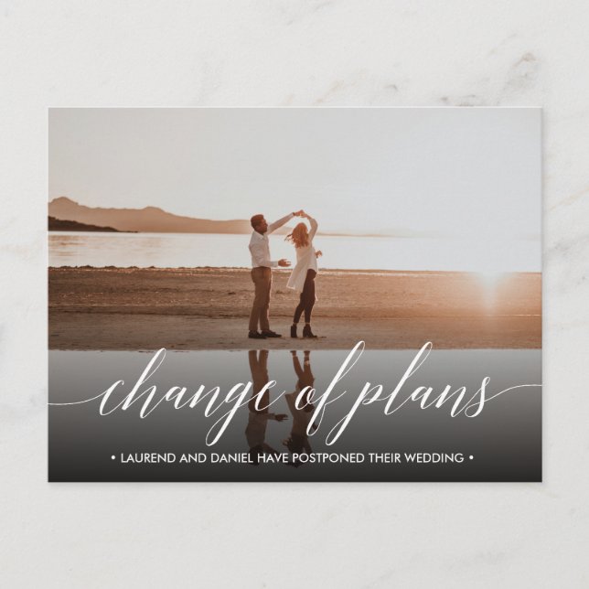 CHANGE OF PLANS Modern calligraphy landscape photo Announcement Postcard (Front)