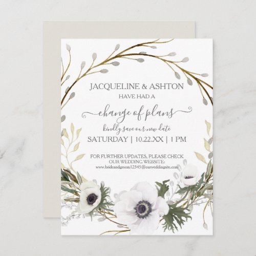 Change of Plans Modern Gray White Floral Greenery Invitation