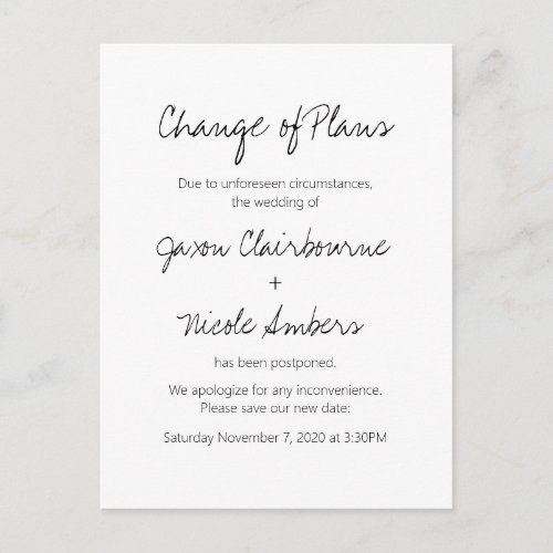 Change of Plans Postpone Wedding Event Postcard