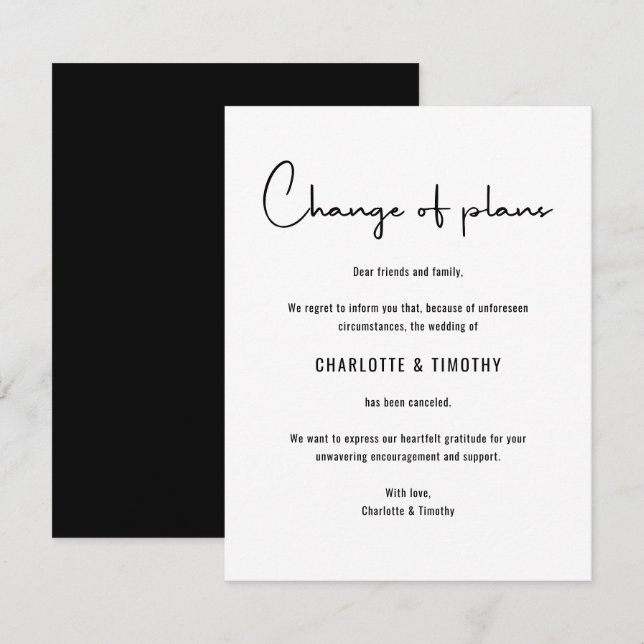 Change of Plans Postponed Canceled Wedding Invitation (Front/Back)