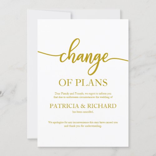 Change Of Plans Postponed Cancelled Wedding Gold Invitation