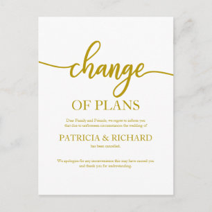 Change Of Plans Postponed Cancelled Wedding Gold Postcard