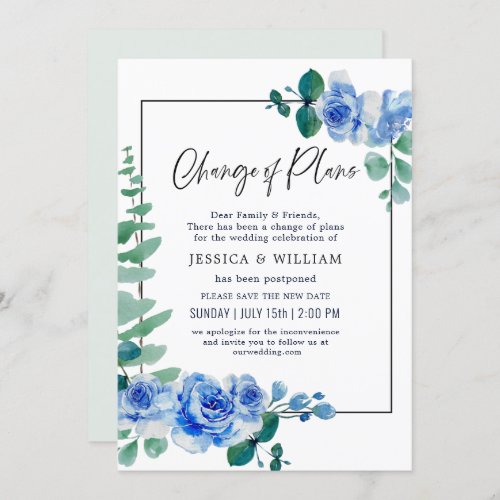 Change Of Plans Postponed Dusty Blue Foliage Invitation