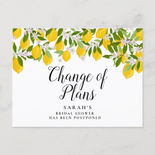 Change of Plans Postponed Lemons Bridal Shower Announcement Postcard