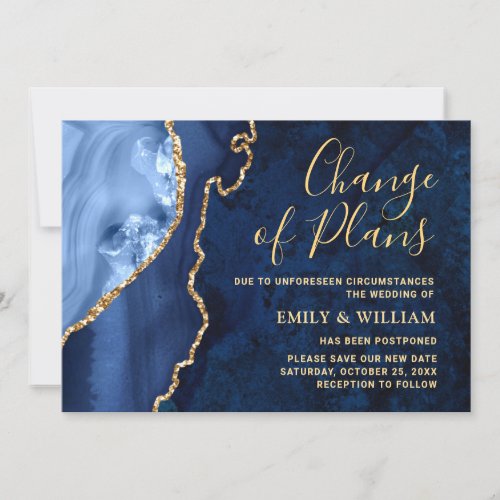 Change Of Plans Postponed Modern Gold Blue Marble Invitation