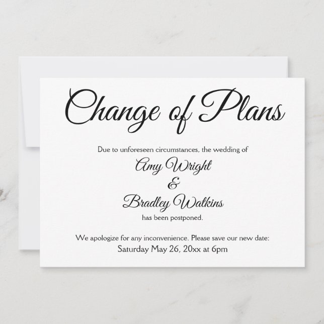 "Change of Plans" Postponed Wedding Announcement (Front)