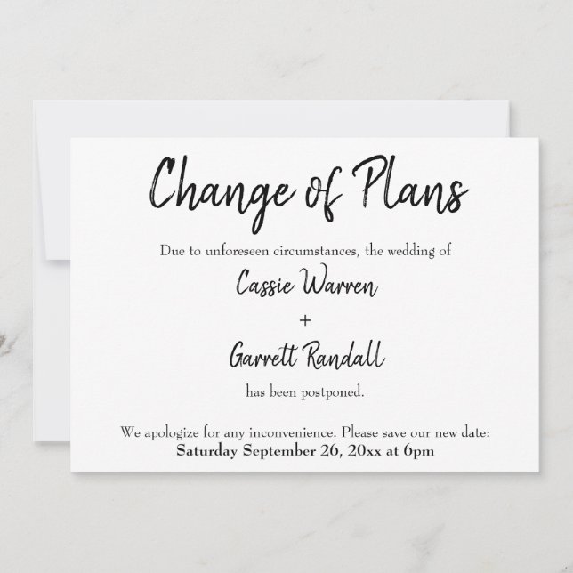 "Change of Plans" Postponed Wedding Announcement (Front)