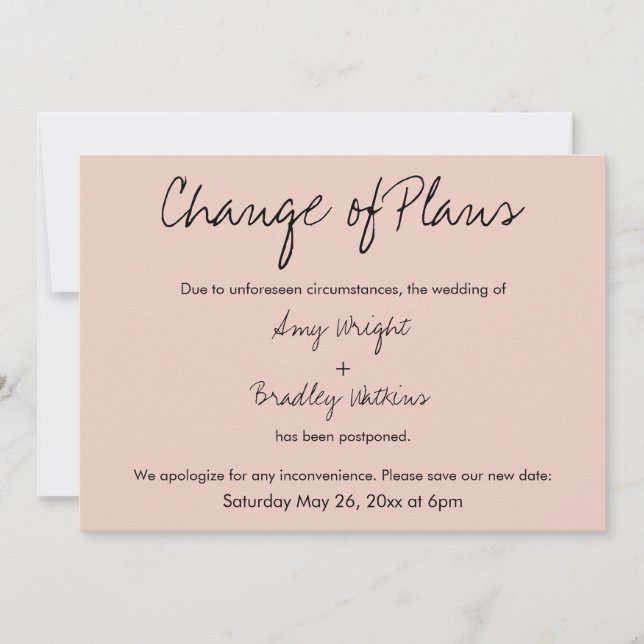 "Change of Plans" Postponed Wedding Blush Card (Front)
