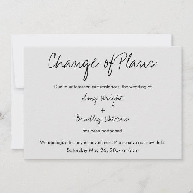"Change of Plans" Postponed Wedding Gray Card (Front)
