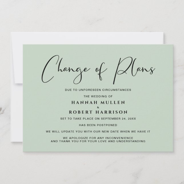 Change of Plans Postponement Cancelled Sage Green Announcement (Front)
