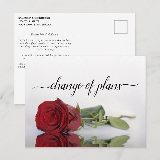 Change of Plans Red Rose Wedding Postponed Announcement Postcard (Front/Back)